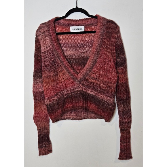 DanniJo XS Cropped Knit Sweater Alpaca Wool Blend V Neck Pink Brown Fall Stripe - Picture 1 of 5